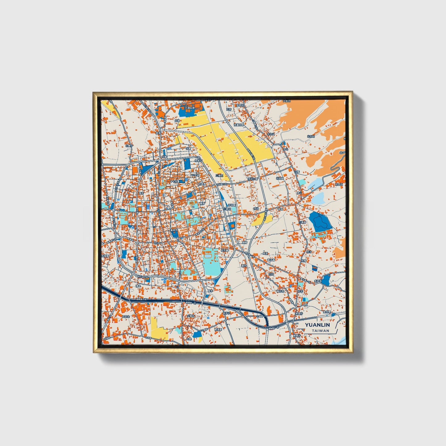 Yuanlin Taiwan Colorful City Map Canvas Print • Gold Framed