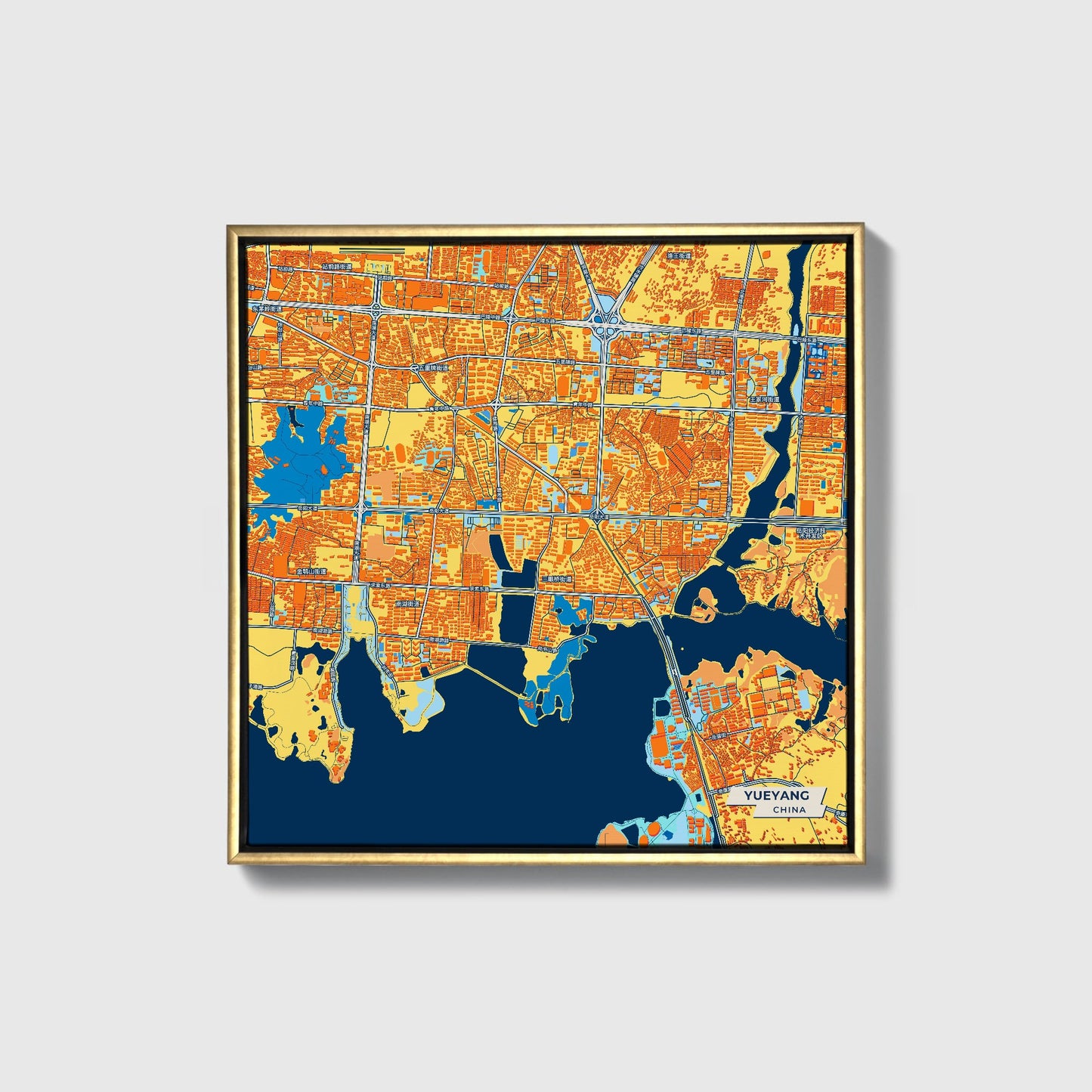 Yueyang China Colorful City Map Canvas Print • Gold Framed