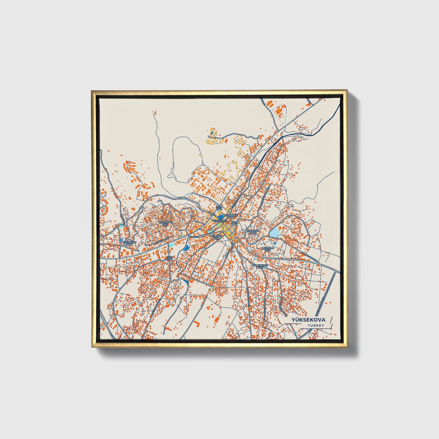 Yüksekova Turkey Colorful City Map Canvas Print • Gold Framed