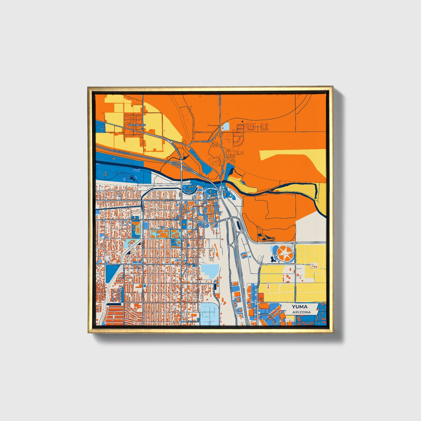 Yuma Arizona Colorful City Map Canvas Print • Gold Framed