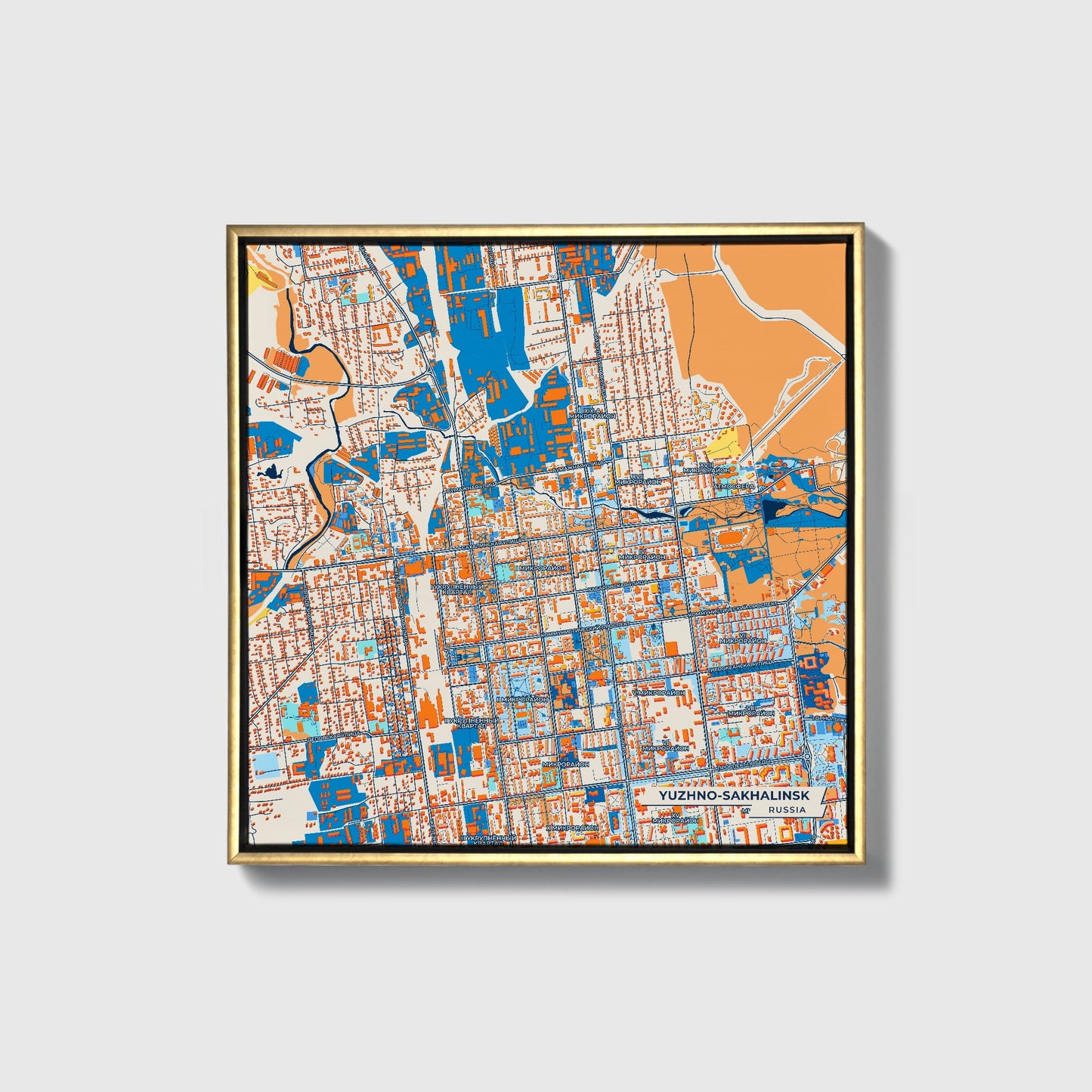 Южно-Сахалинск Russia Colorful City Map Canvas Print • Gold Framed