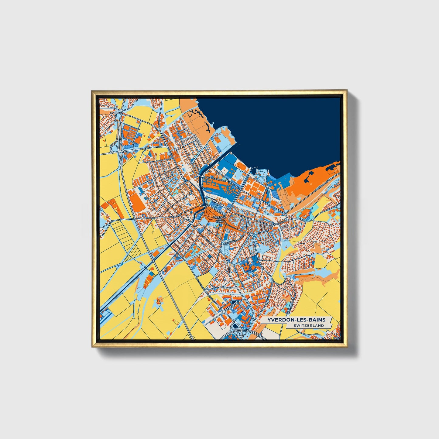 Yverdon-Les-Bains Switzerland Colorful City Map Canvas Print • Gold Framed
