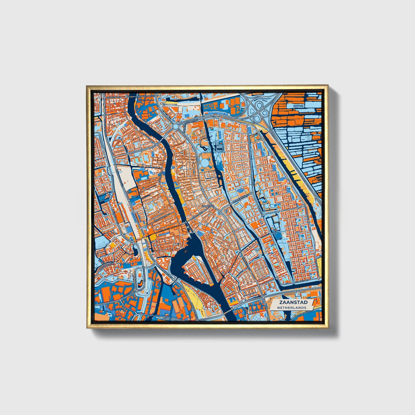 Zaanstad Netherlands Colorful City Map Canvas Print • Gold Framed