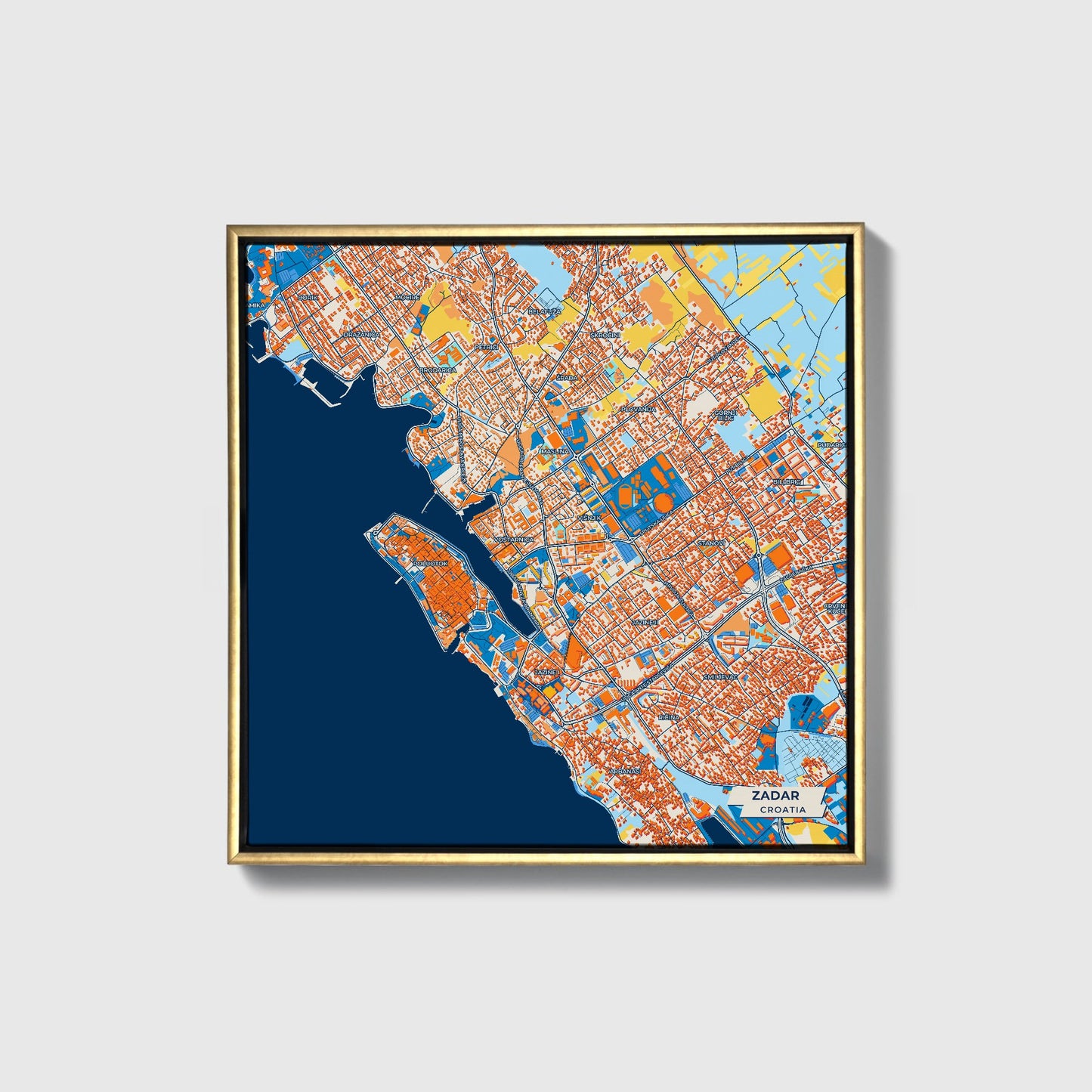 Zadar Croatia Colorful City Map Canvas Print • Gold Framed