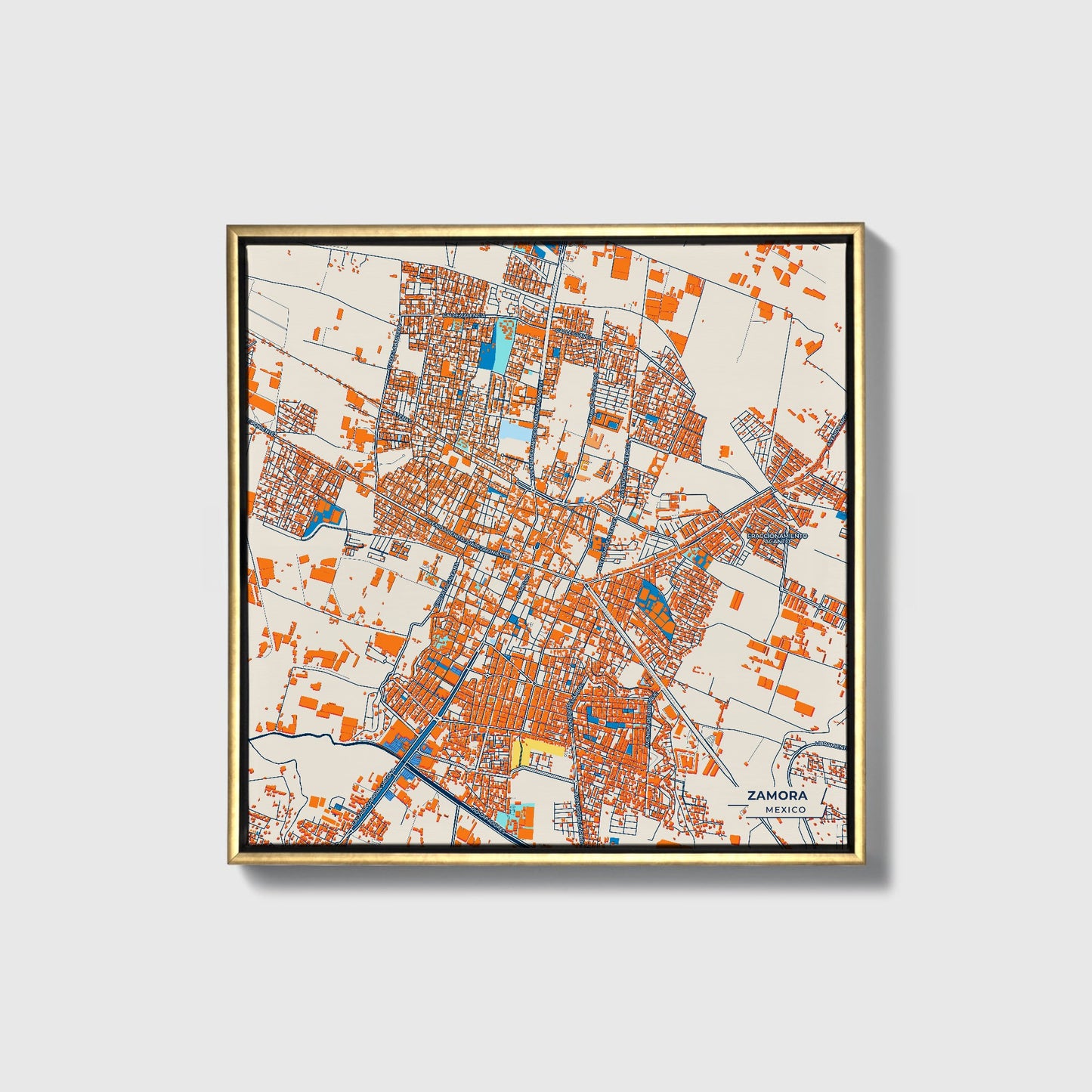 Zamora Mexico Colorful City Map Canvas Print • Gold Framed