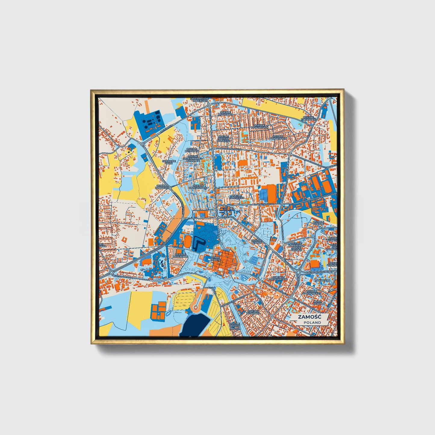 Zamość Poland Colorful City Map Canvas Print • Gold Framed