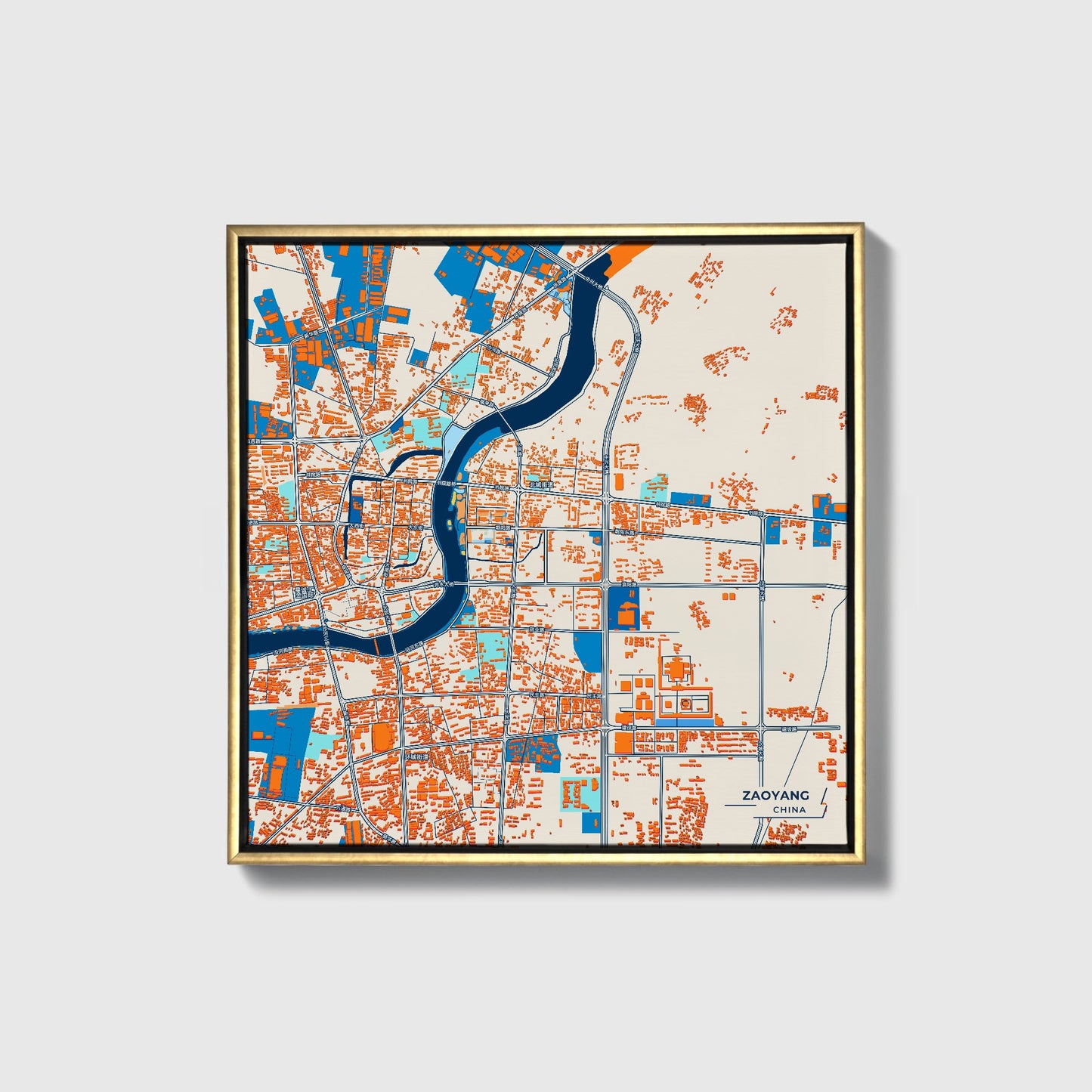 Zaoyang China Colorful City Map Canvas Print • Gold Framed