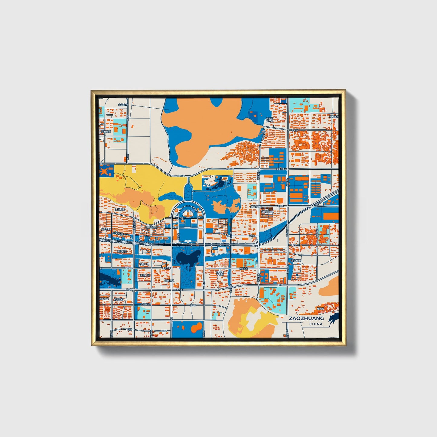 Zaozhuang China Colorful City Map Canvas Print • Gold Framed