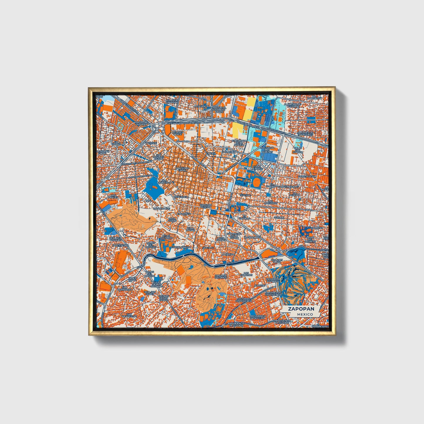 Zapopan Mexico Colorful City Map Canvas Print • Gold Framed
