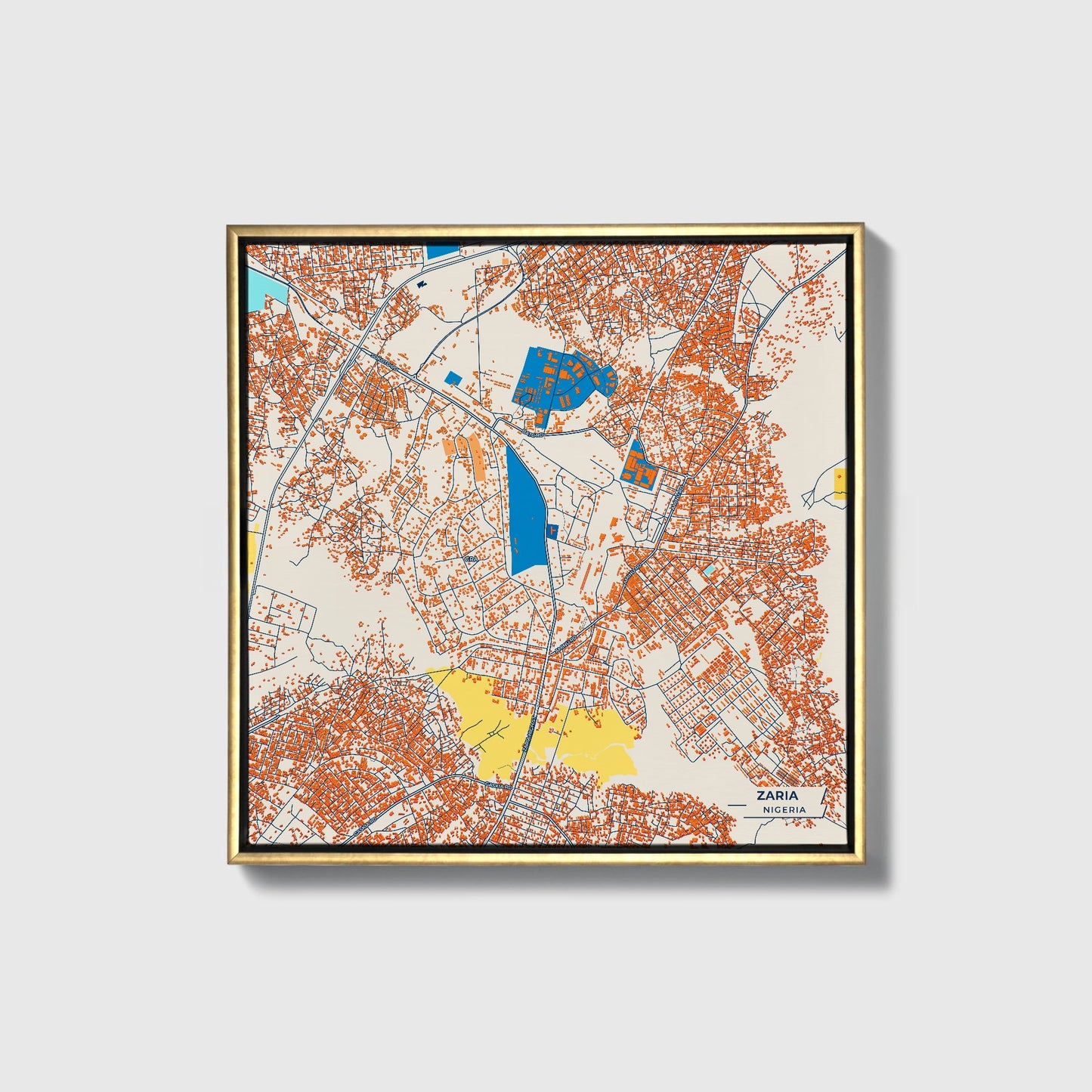 Zaria Nigeria Colorful City Map Canvas Print • Gold Framed