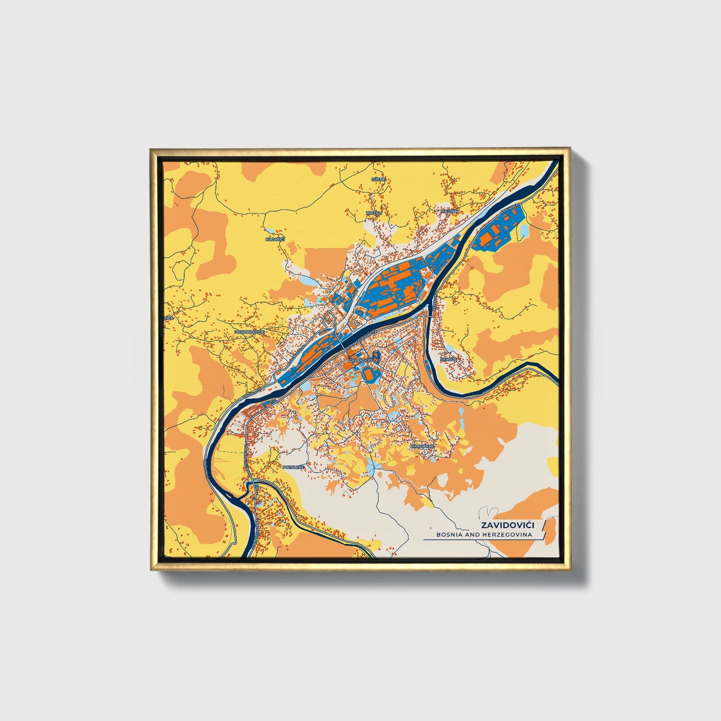 Zavidovići Bosnia And Herzegovina Colorful City Map Canvas Print • Gold Framed