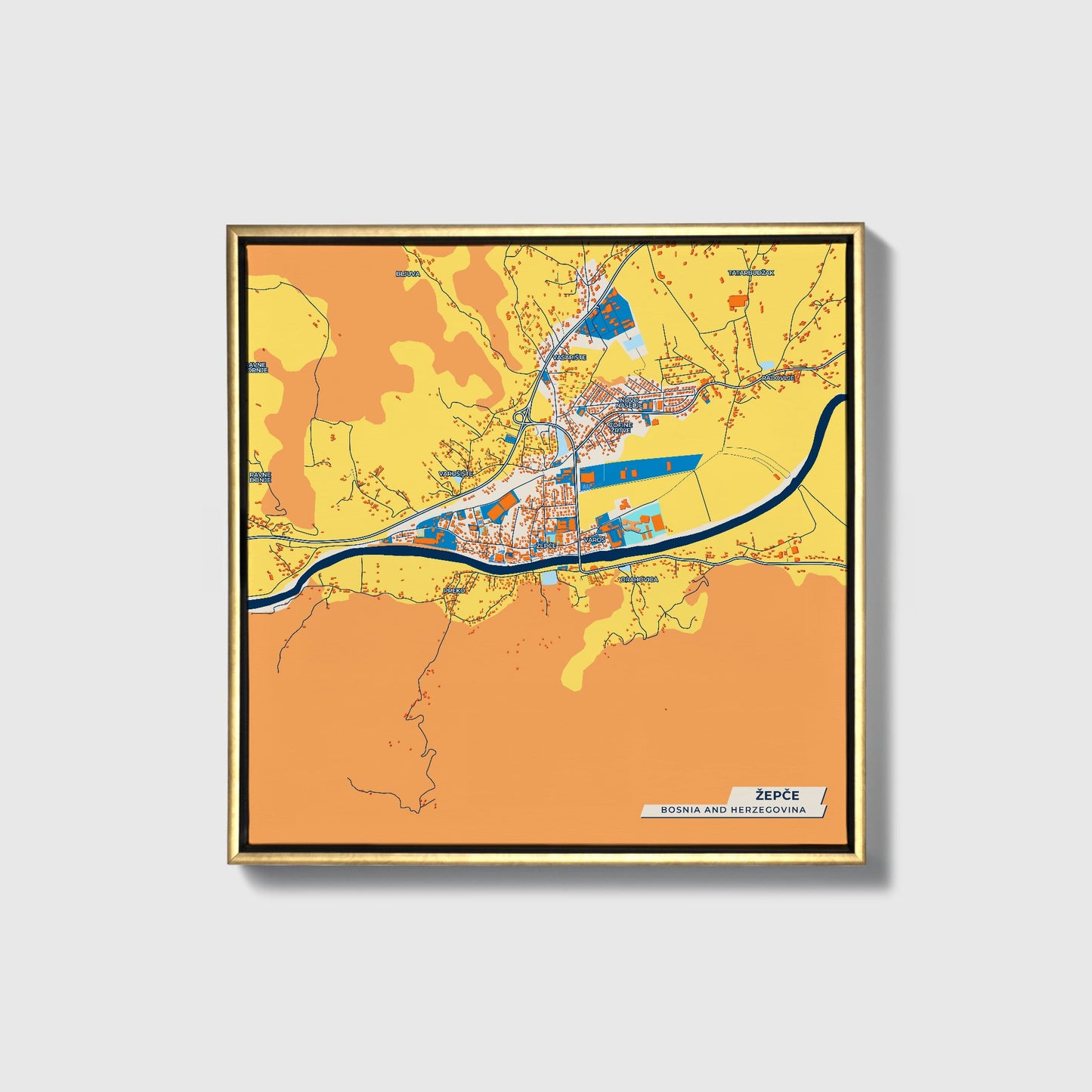 Žepče Bosnia And Herzegovina Colorful City Map Canvas Print • Gold Framed
