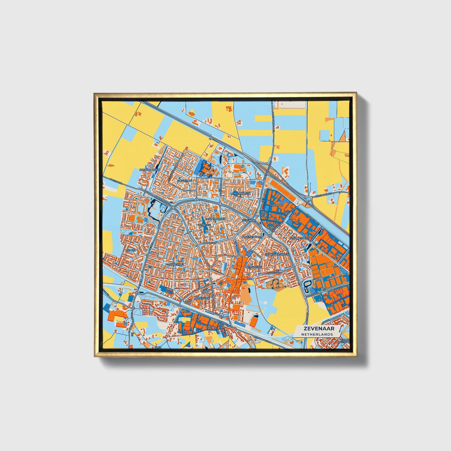 Zevenaar Netherlands Colorful City Map Canvas Print • Gold Framed
