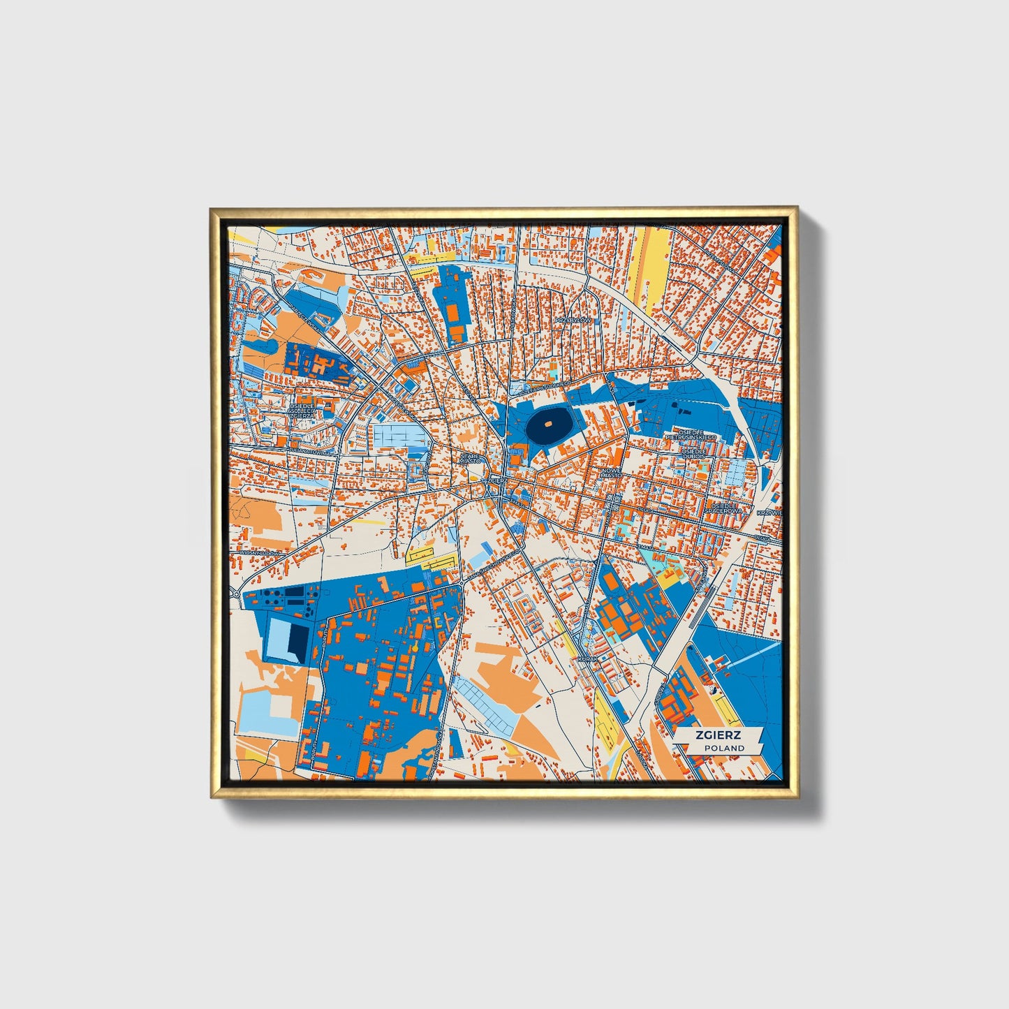 Zgierz Poland Colorful City Map Canvas Print • Gold Framed