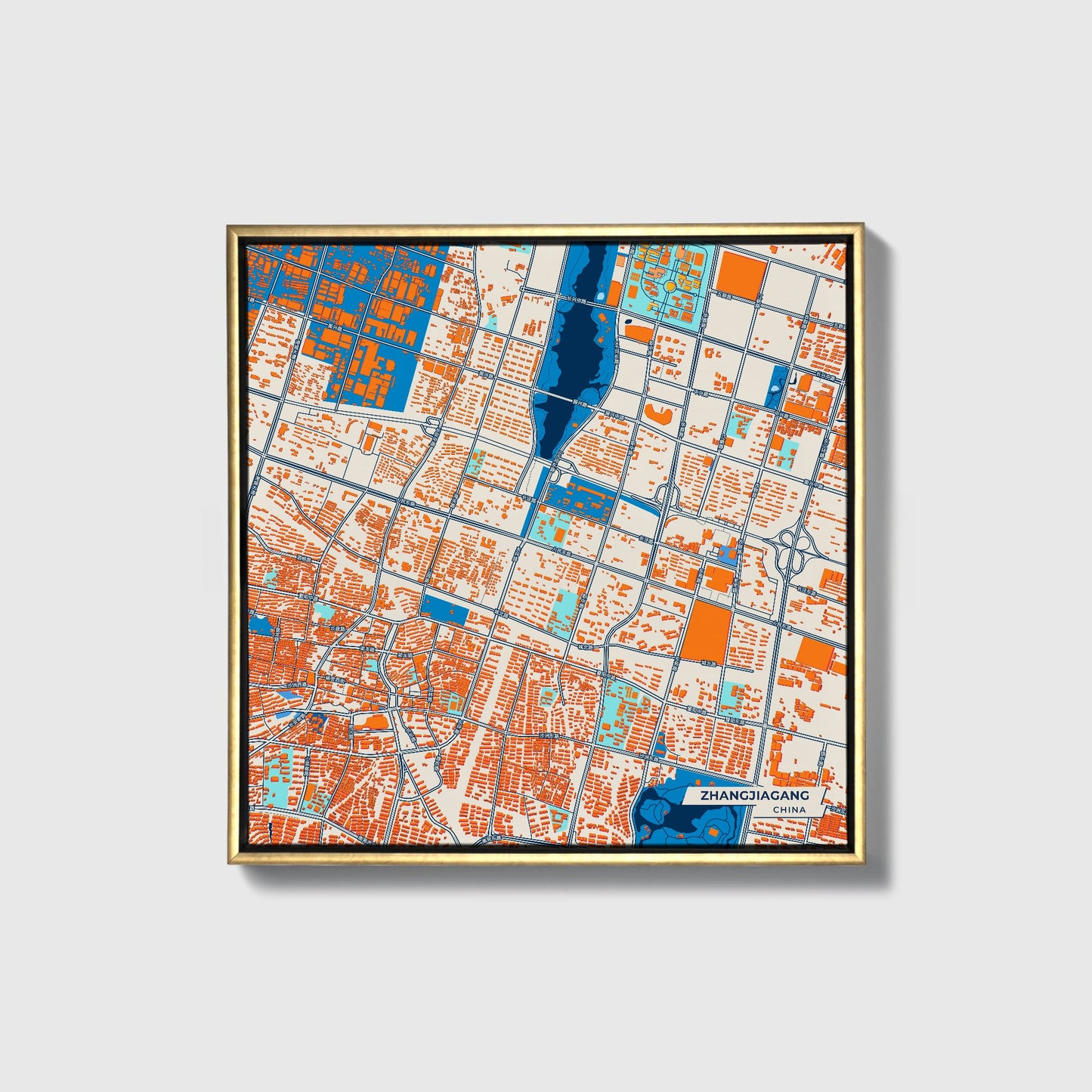 Zhangjiagang China Colorful City Map Canvas Print • Gold Framed