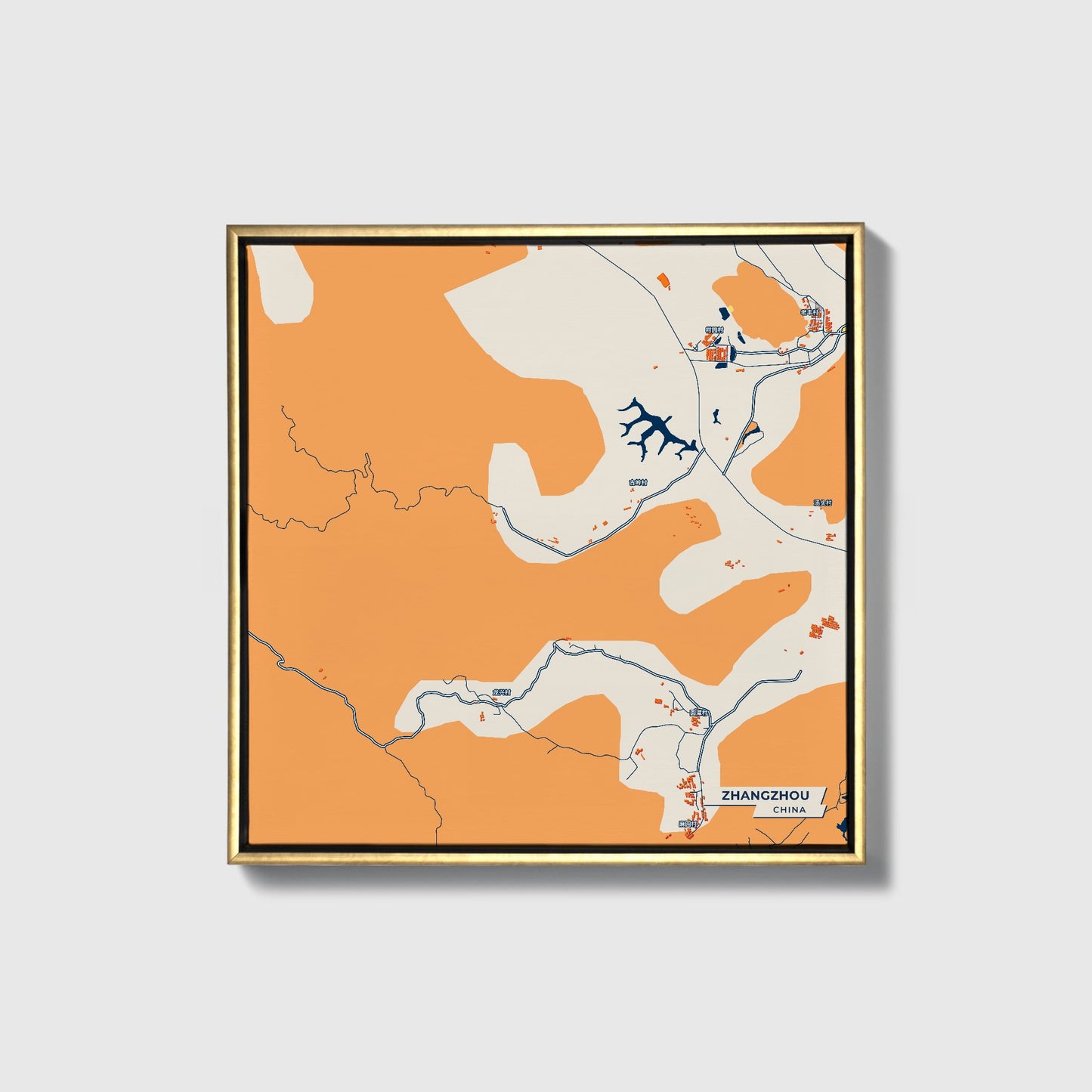 Zhangzhou China Colorful City Map Canvas Print • Gold Framed