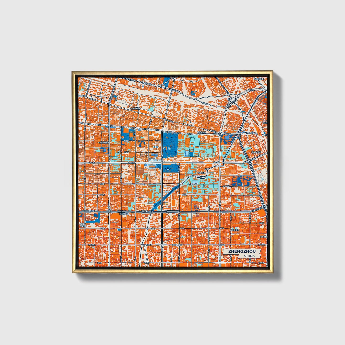 Zhengzhou China Colorful City Map Canvas Print • Gold Framed