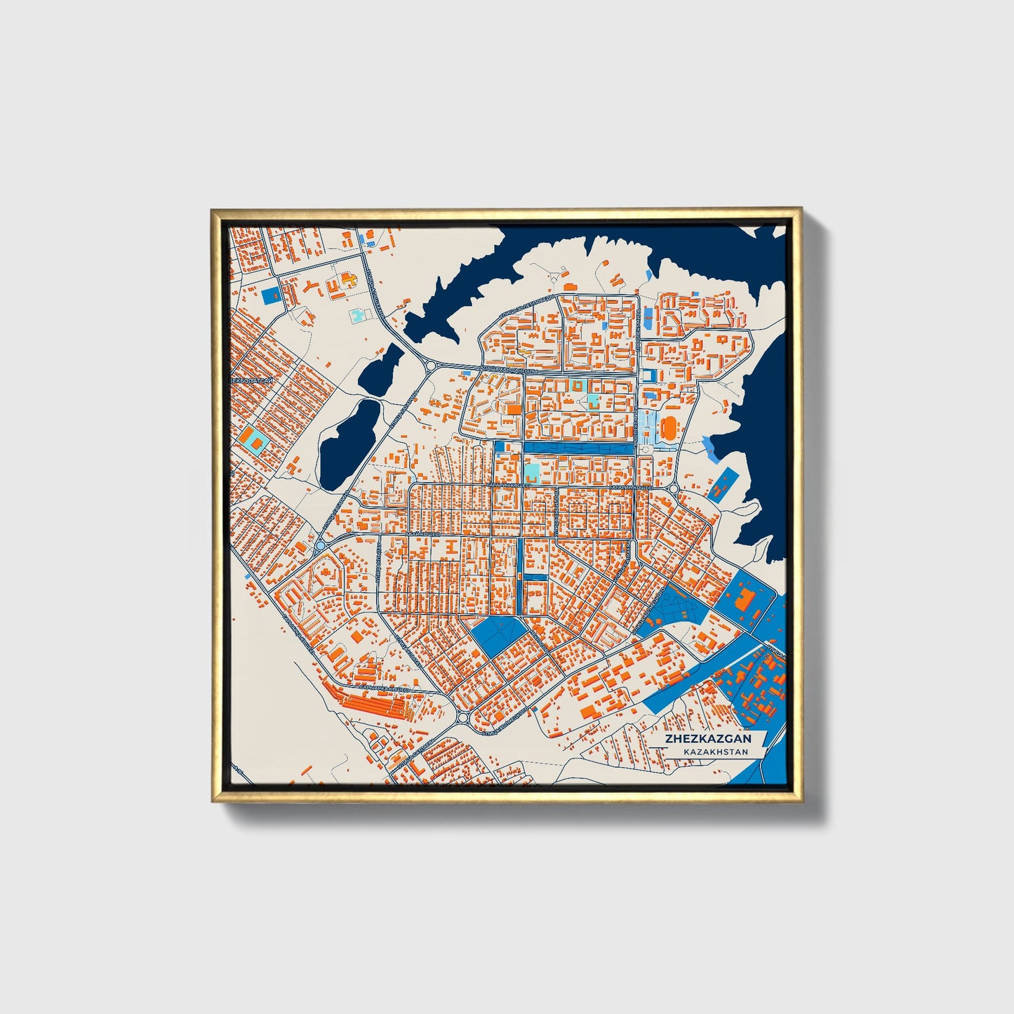 Zhezkazgan Kazakhstan Colorful City Map Canvas Print • Gold Framed
