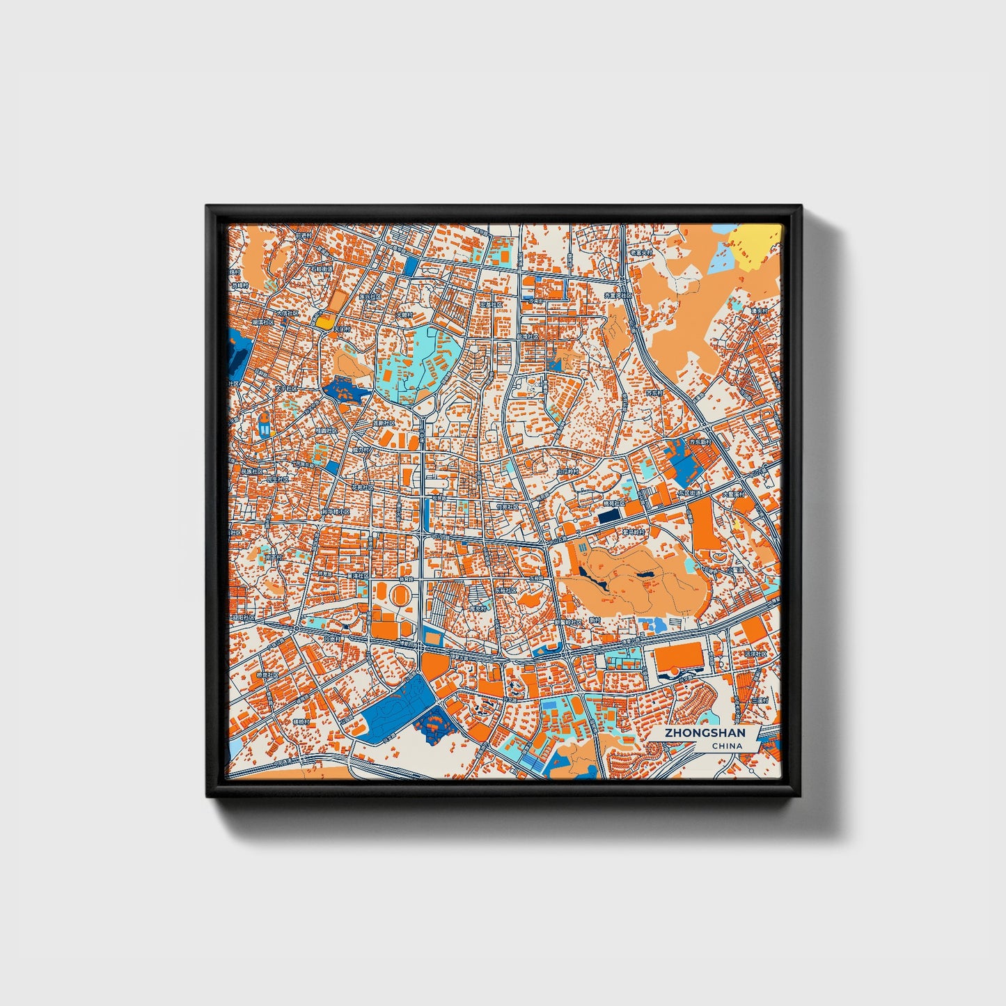 Zhongshan China Colorful City Map Canvas Print • Black Framed