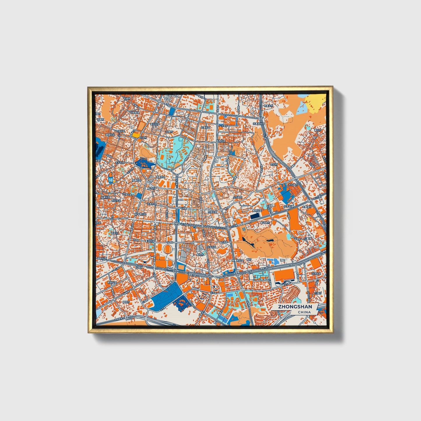 Zhongshan China Colorful City Map Canvas Print • Gold Framed
