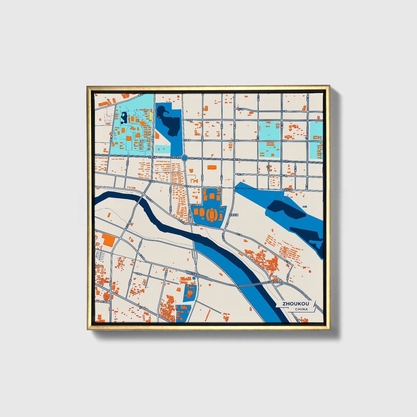 Zhoukou China Colorful City Map Canvas Print • Gold Framed