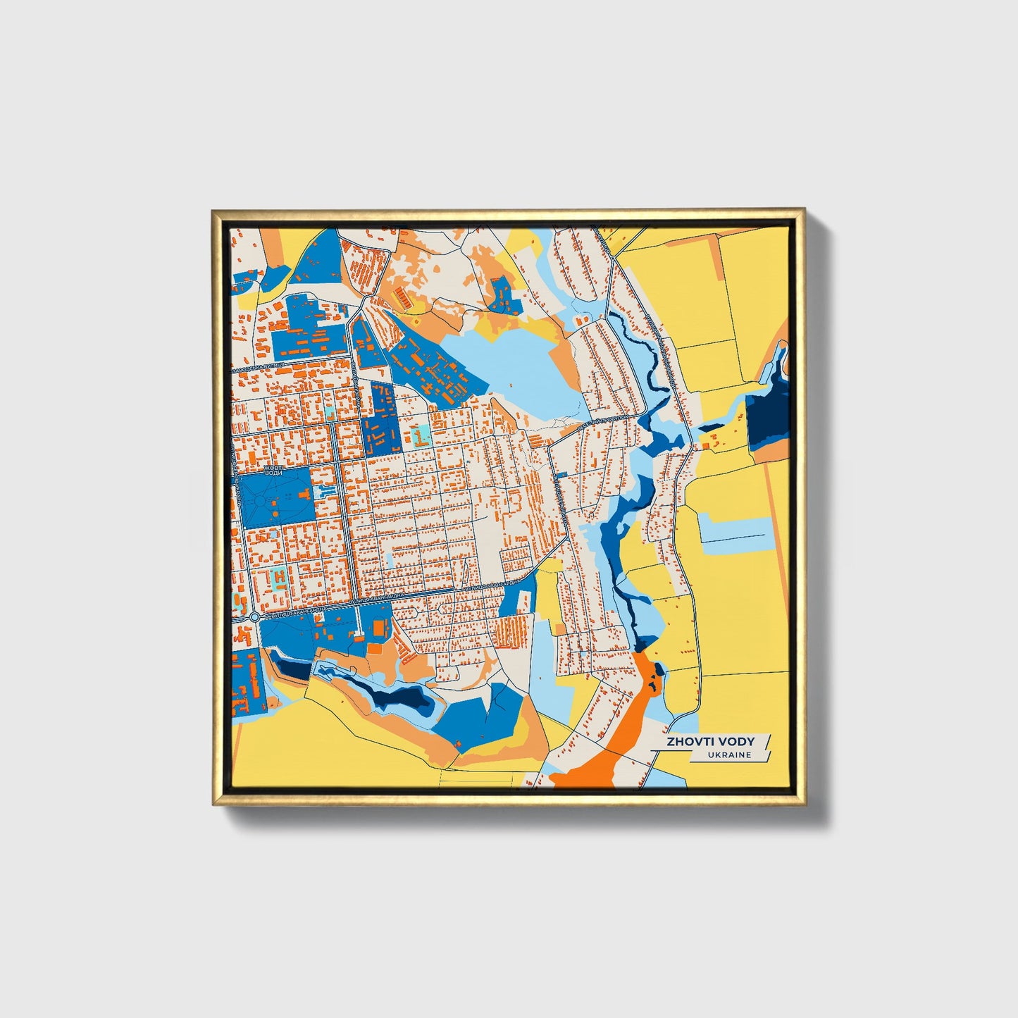 Жовти Води Ukraine Colorful City Map Canvas Print • Gold Framed