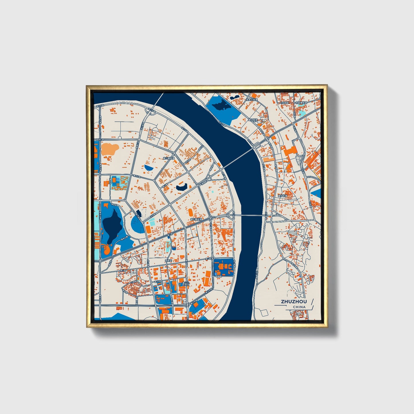Zhuzhou China Colorful City Map Canvas Print • Gold Framed
