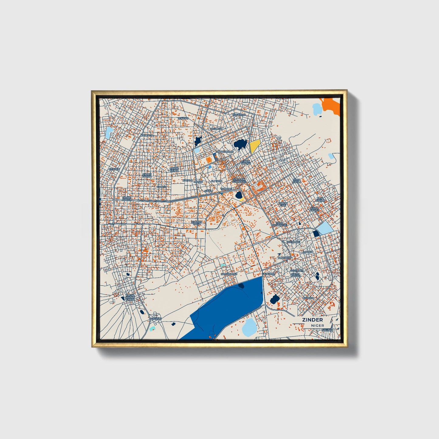 Zinder Niger Colorful City Map Canvas Print • Gold Framed