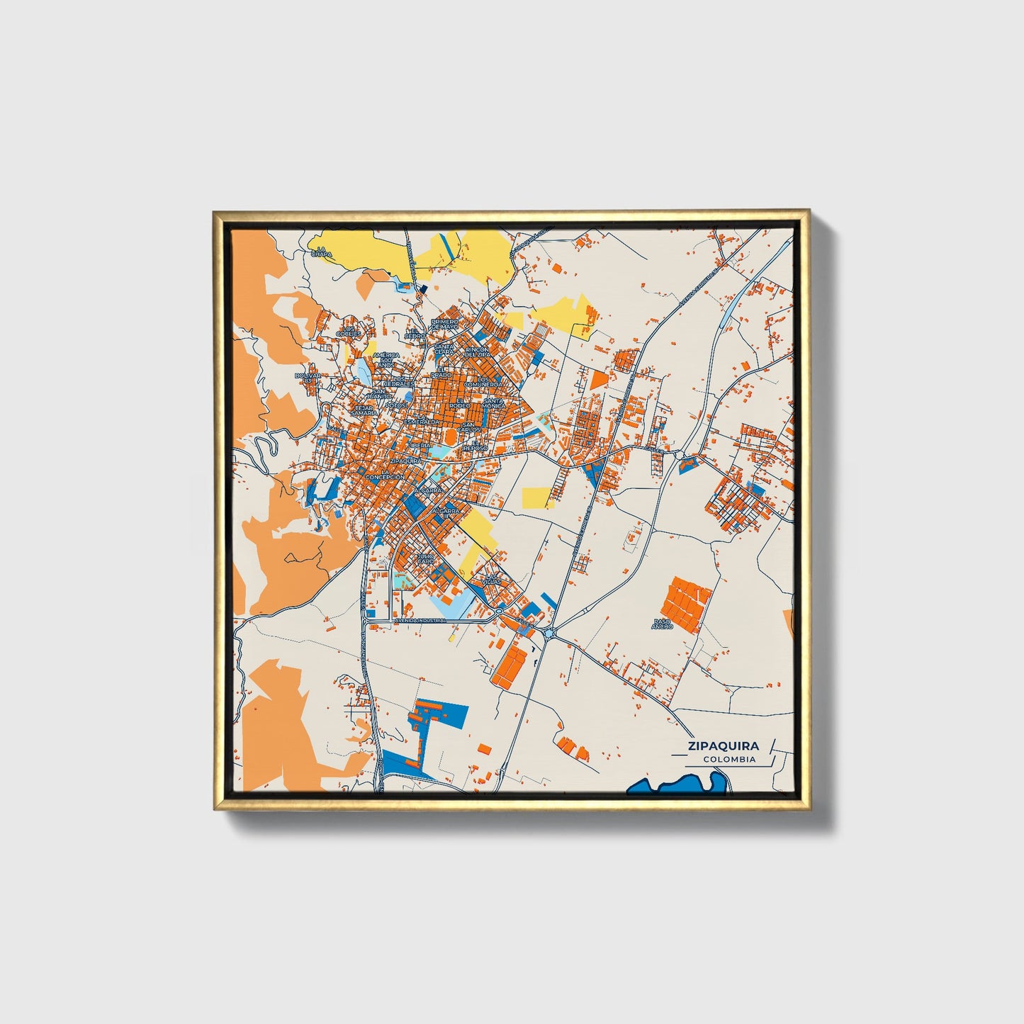 Zipaquira Colombia Colorful City Map Canvas Print • Gold Framed