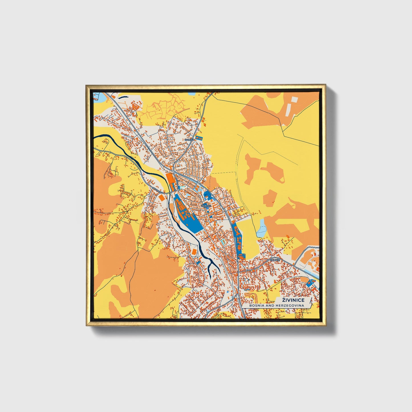 Živinice Bosnia And Herzegovina Colorful City Map Canvas Print • Gold Framed