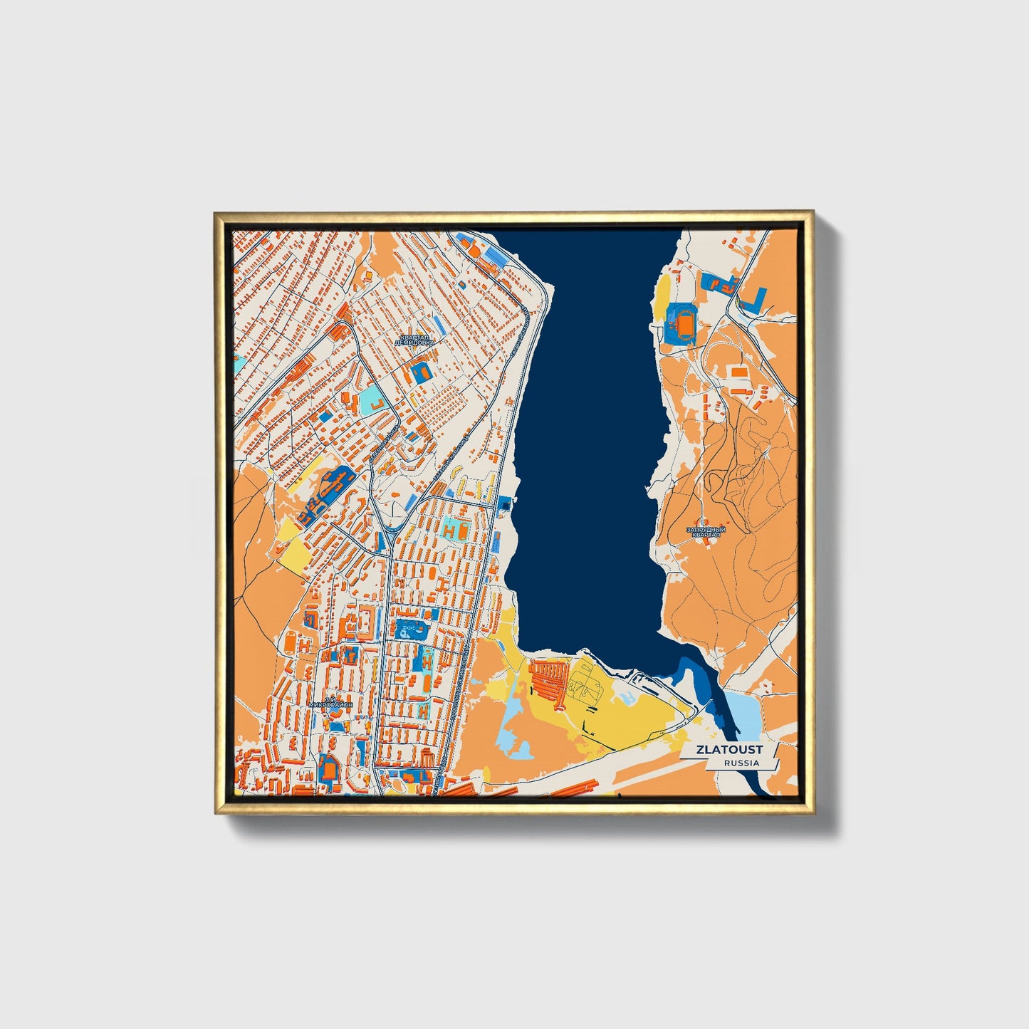 Златоустовский Russia Colorful City Map Canvas Print • Gold Framed