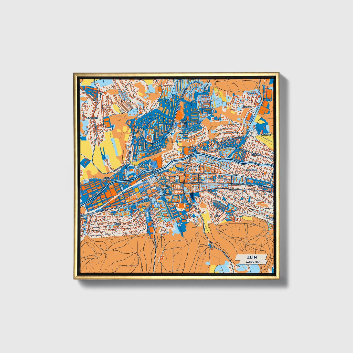 Zlín Czechia Colorful City Map Canvas Print • Gold Framed