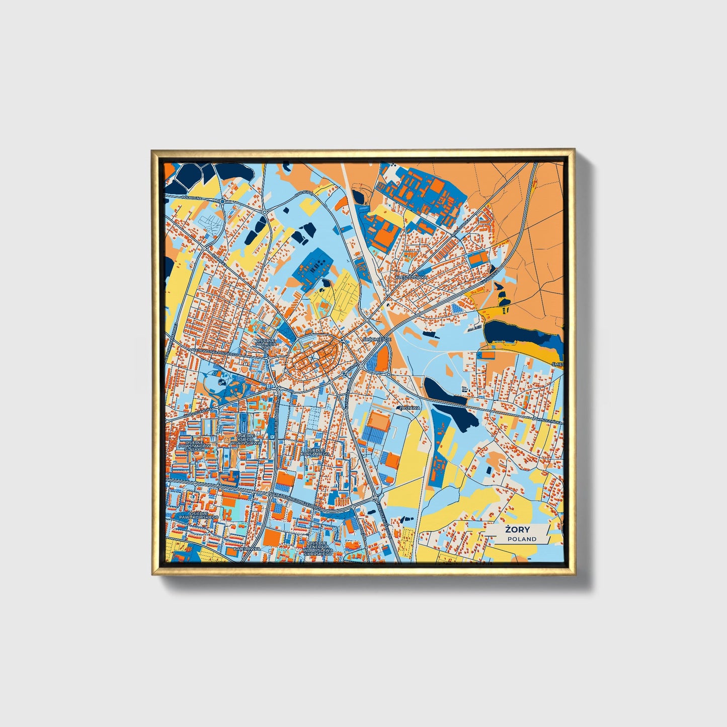 Żory Poland Colorful City Map Canvas Print • Gold Framed