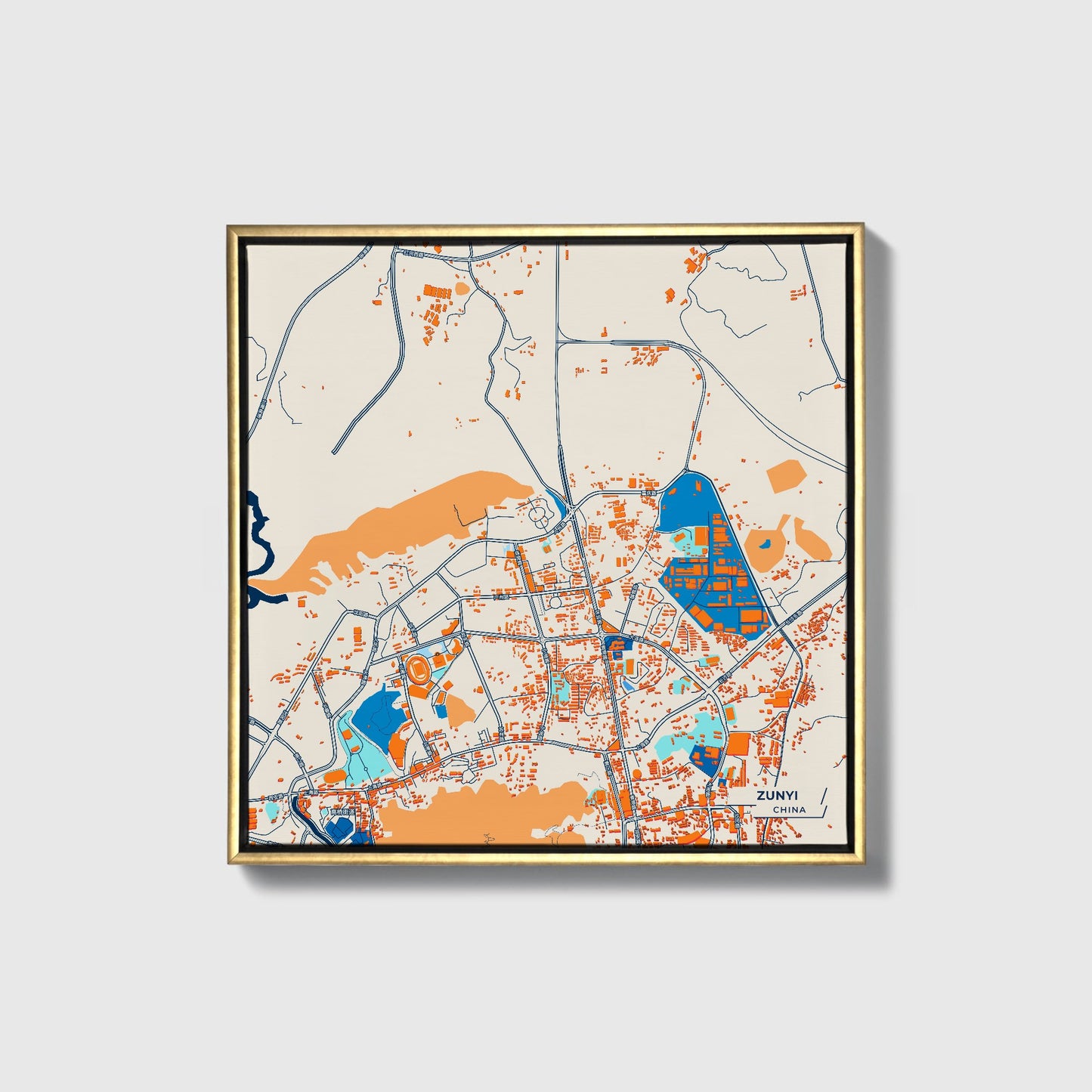 Zunyi China Colorful City Map Canvas Print • Gold Framed