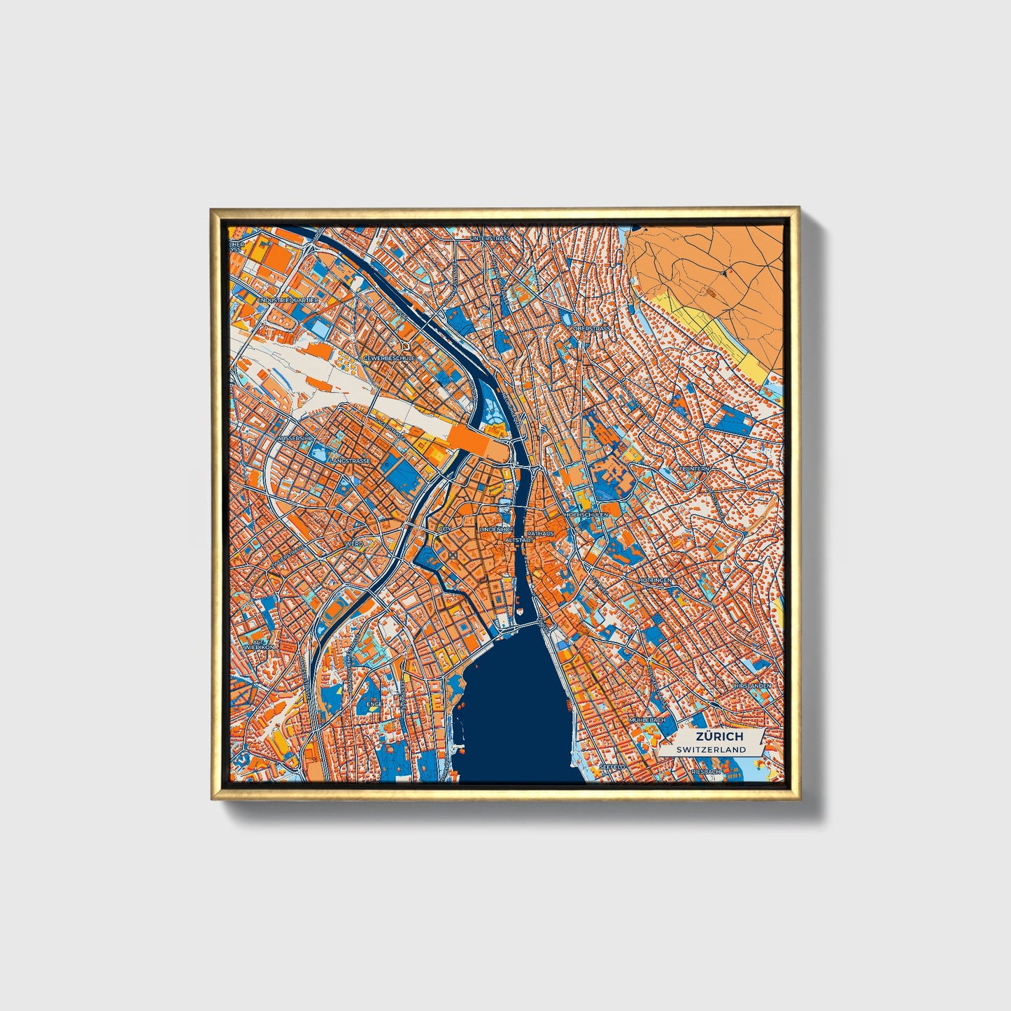 Zürich Switzerland Colorful City Map Canvas Print • Gold Framed