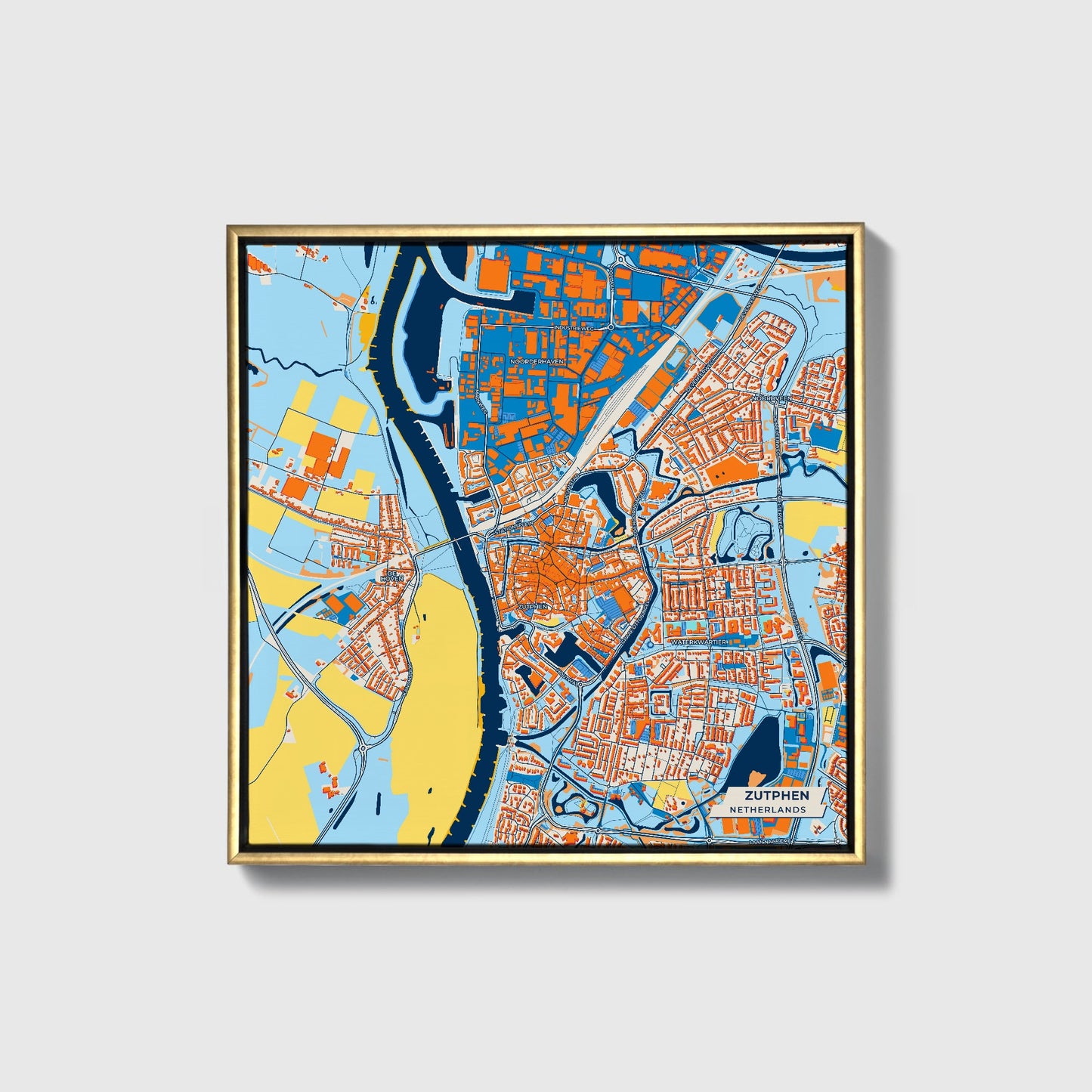 Zutphen Netherlands Colorful City Map Canvas Print • Gold Framed