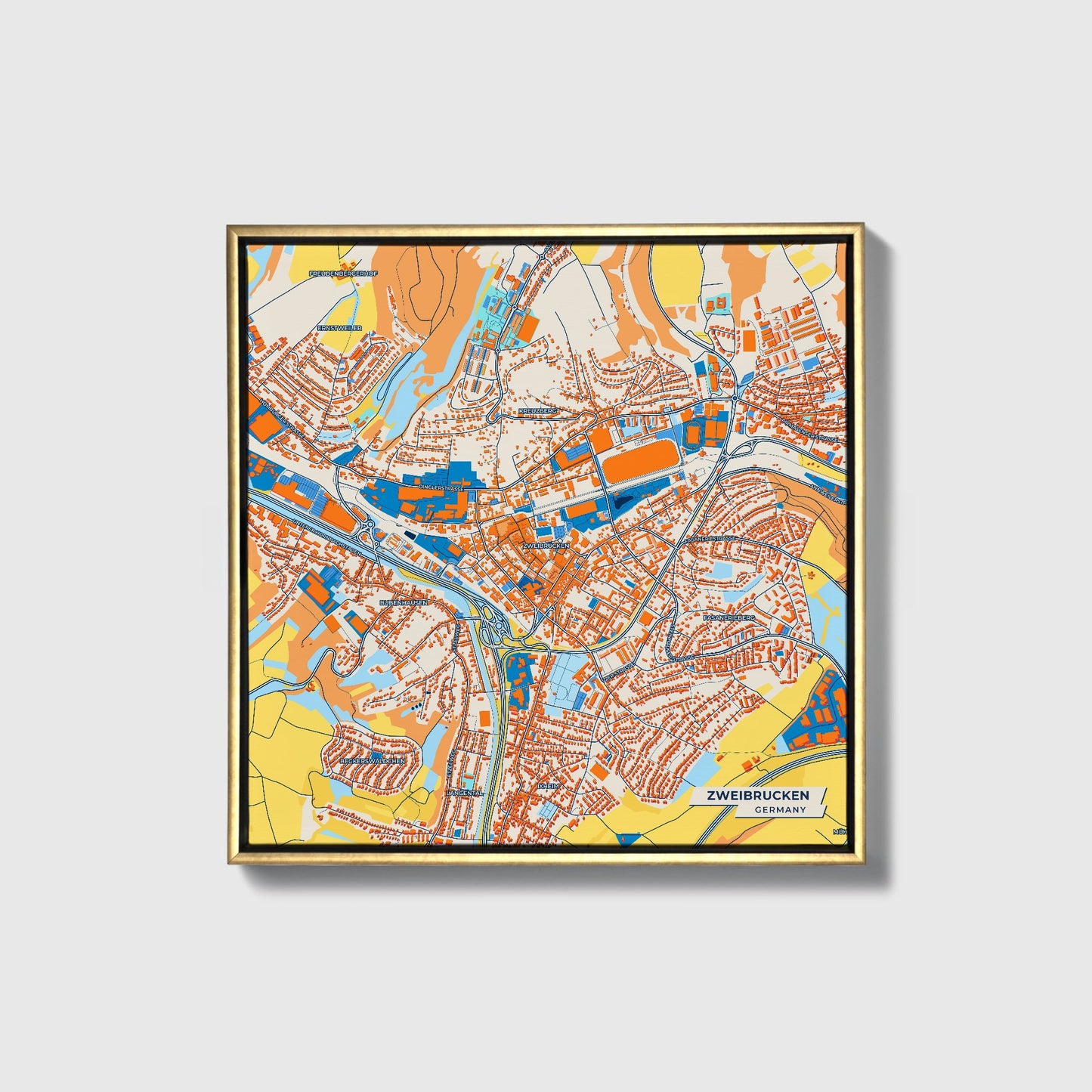 Zweibrücken Germany Colorful City Map Canvas Print • Gold Framed