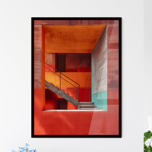 Minimalist Brutalist Architecture Staircase Leading to Vibrant Red Wall with Art Focus Default Title