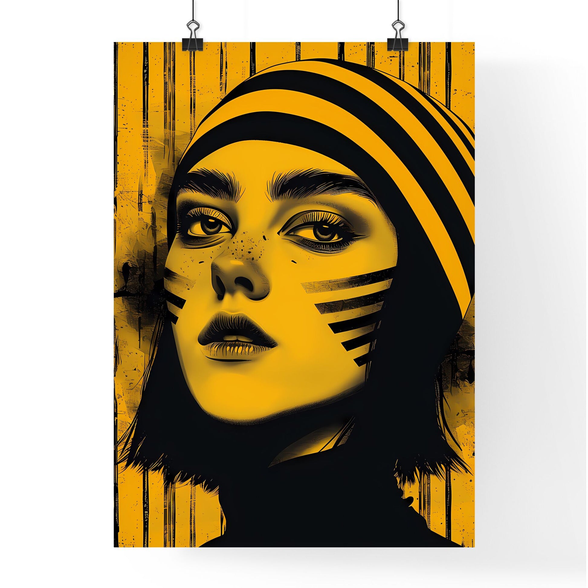 Striking Artwork: Yellow and Black Abstract Painting Featuring Woman with Striped Hat Default Title