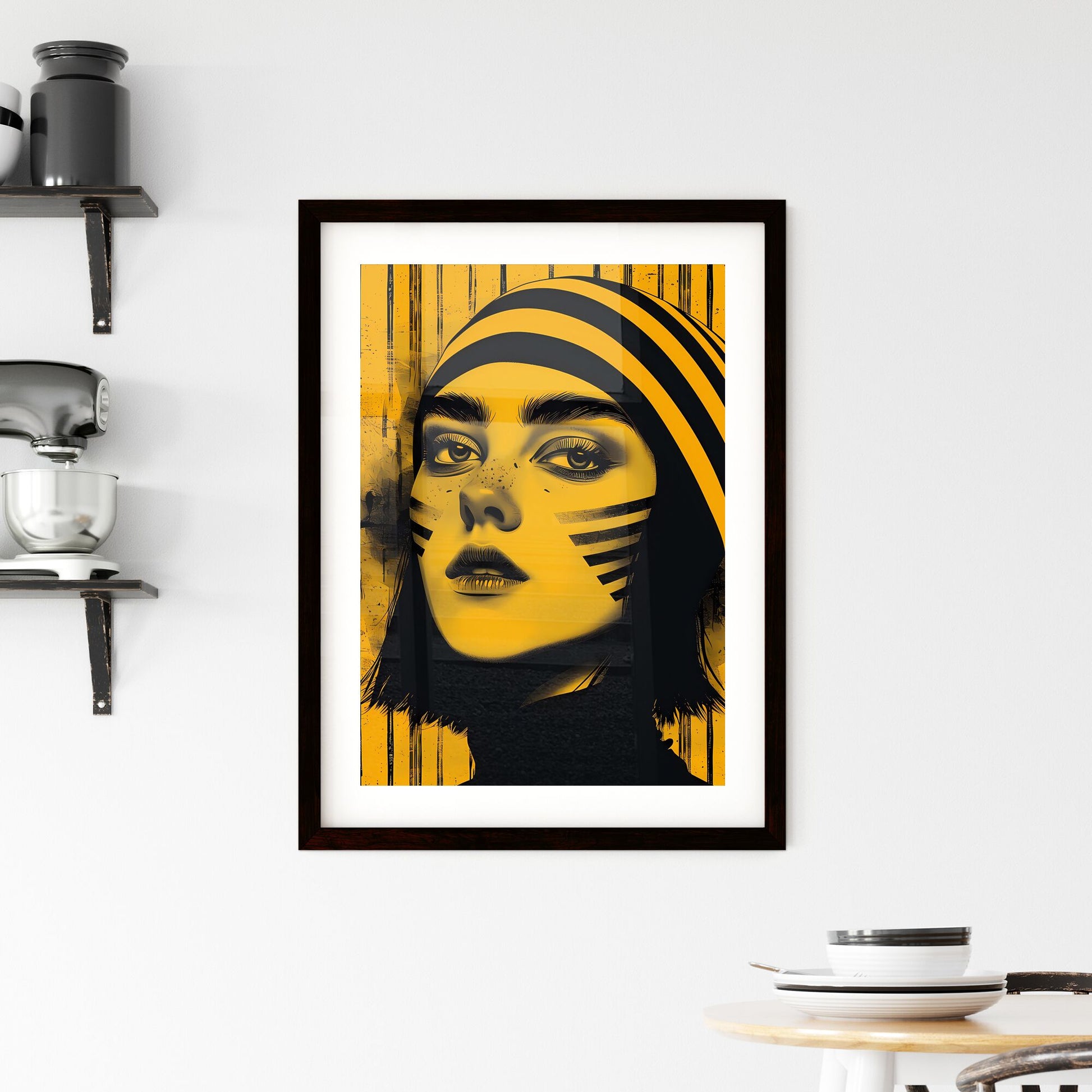Striking Artwork: Yellow and Black Abstract Painting Featuring Woman with Striped Hat Default Title