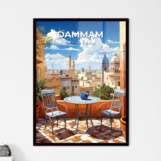 Vibrant Cityscape Painting - Table and Chairs on Patio with Dammam Skyline View Default Title