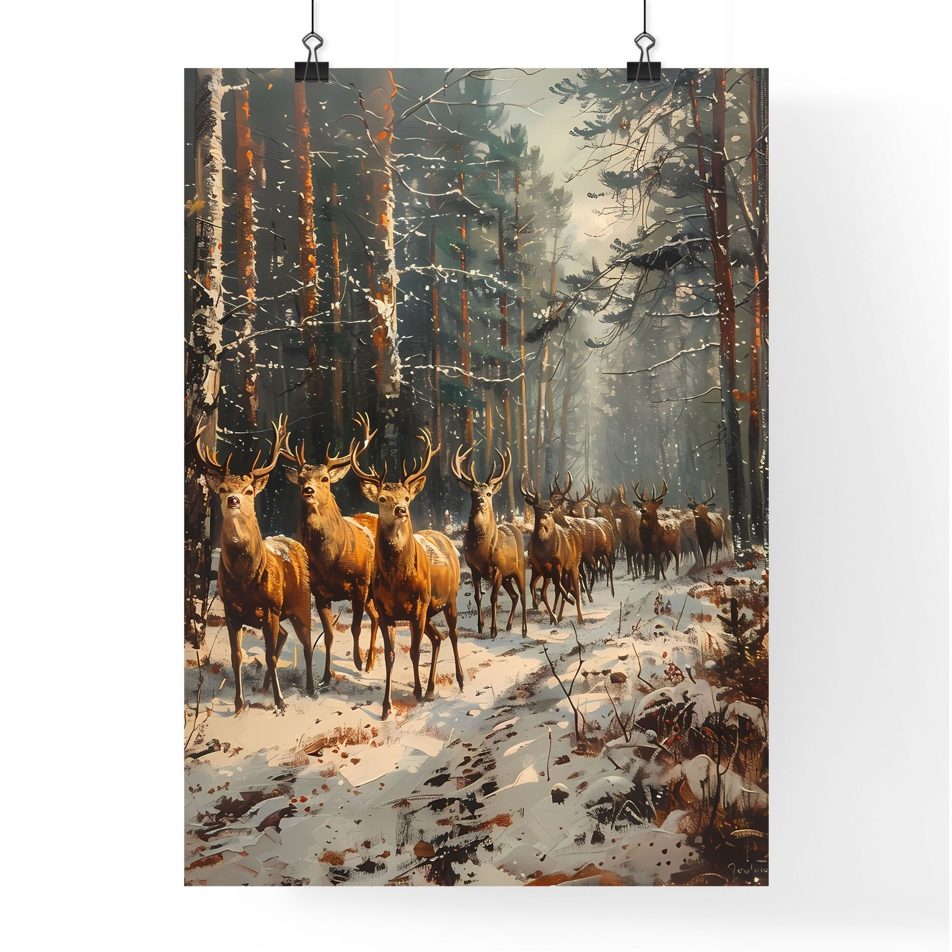 Baroque Deer Forest Painting: Intricate Snow Scene with Dynamic Composition Default Title
