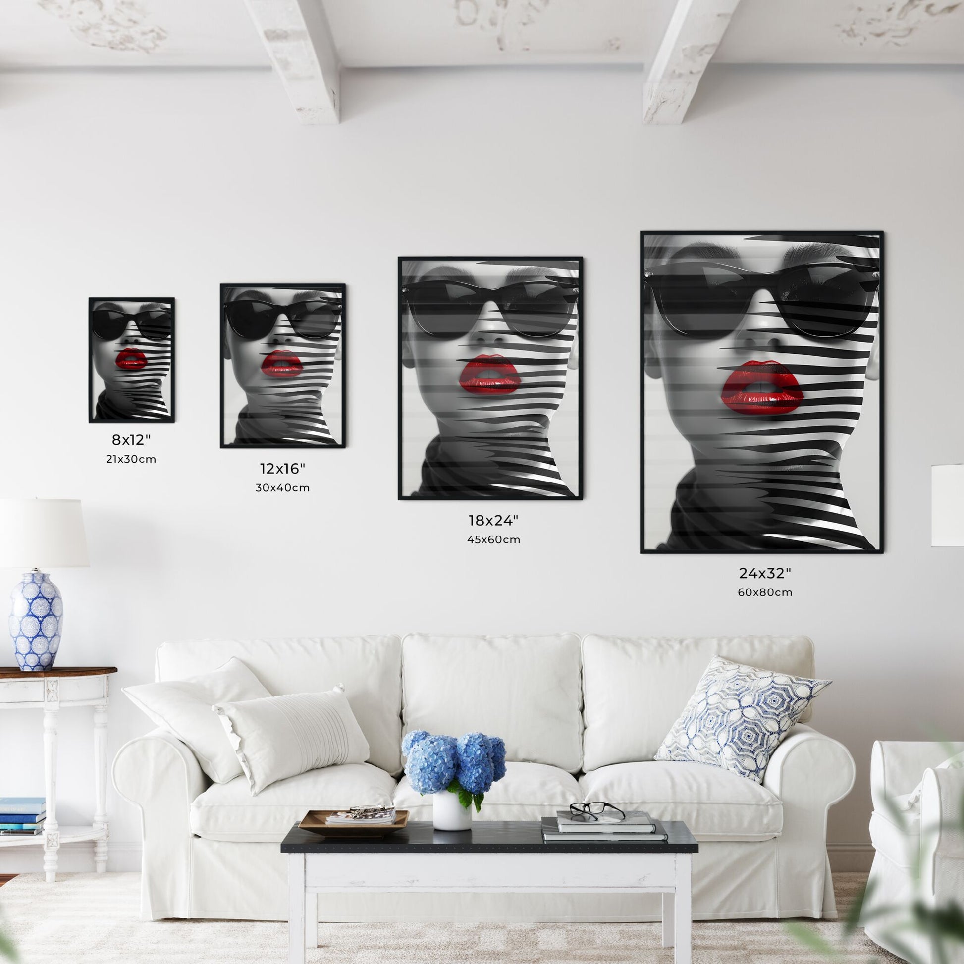Black and White Painting of Elegant Woman with Sunglasses and Red Lips for Timeless Prints Default Title