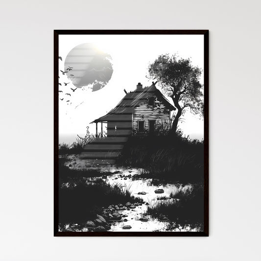 Minimalist Viking house icon in black and white, featuring a vibrant painting-like design with variations on a hill with a tree and birds Default Title