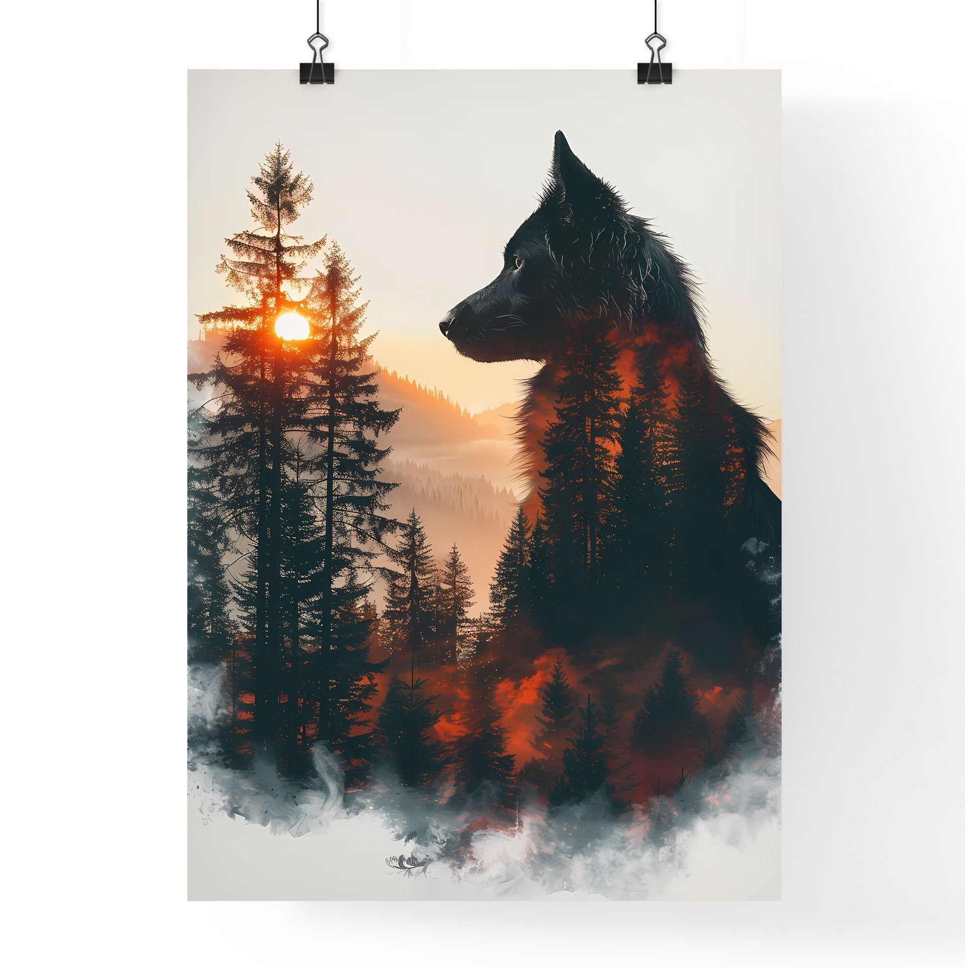 Vibrant Art Painting: Majestic Wolf Silhouette Amidst Ethereal Forest Mountains Default Title