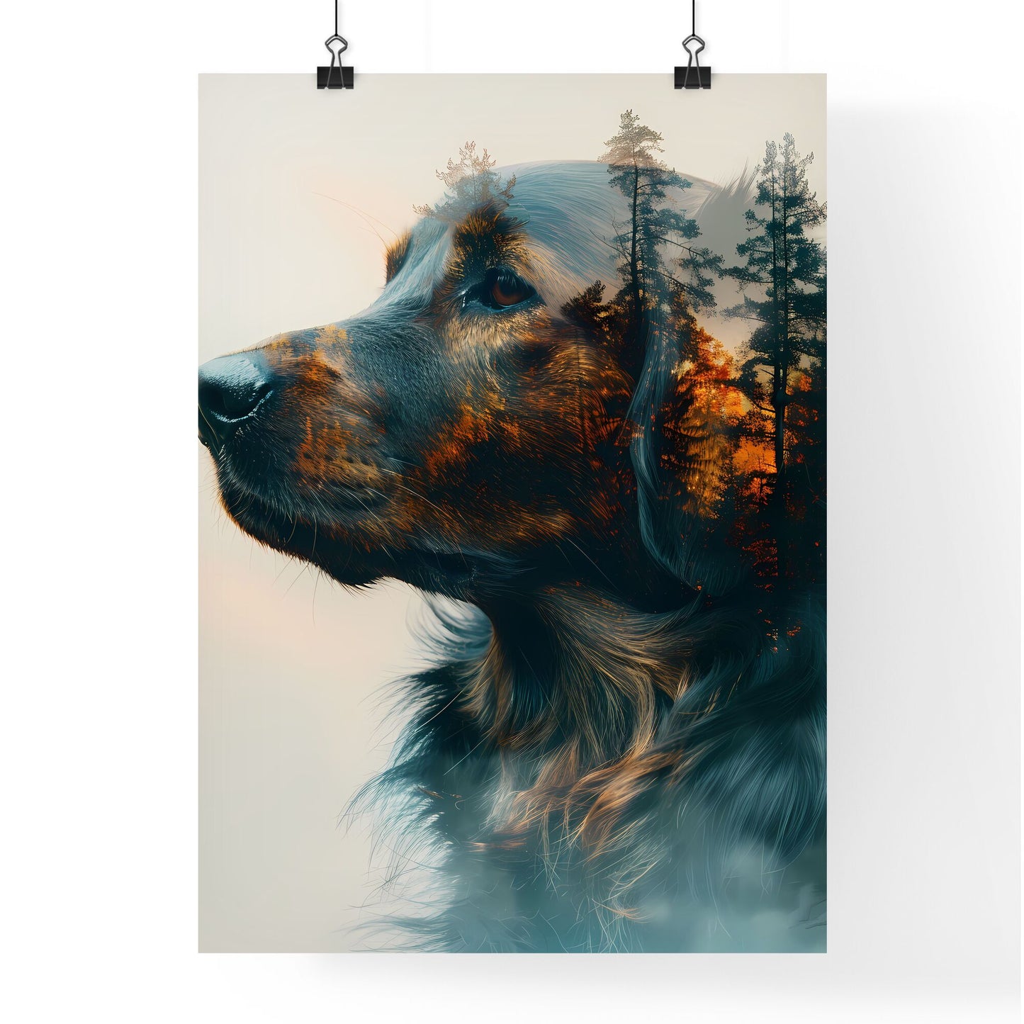 Artistic Double Exposure: Dog Silhouette Merged with Majestic Forest Mountains Default Title