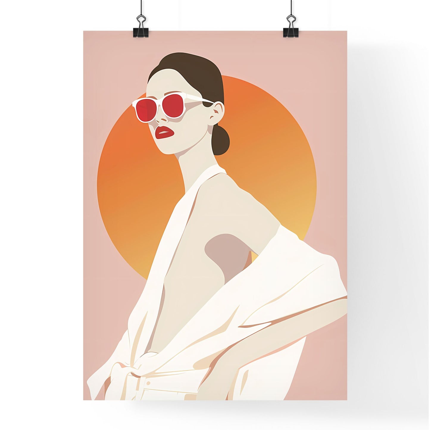 Abstract Woman Painting Art Minimalist Poster Design, 3 Color Soft Pink Background, Sunglasses White Shirt Default Title