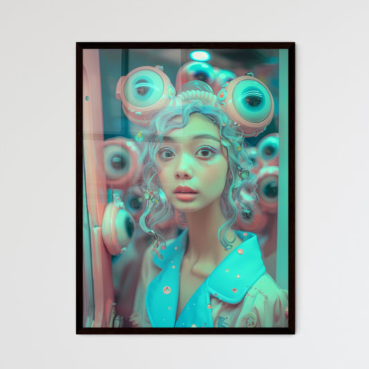 Pastel-Toned Retrofuturistic Woman Enters Charcoal Skyscraper Amidst Curious Creatures, Wes Anderson-Inspired, 35mm Film, Pastel, Bokeh, Cinematic, Hyperrealistic Default Title