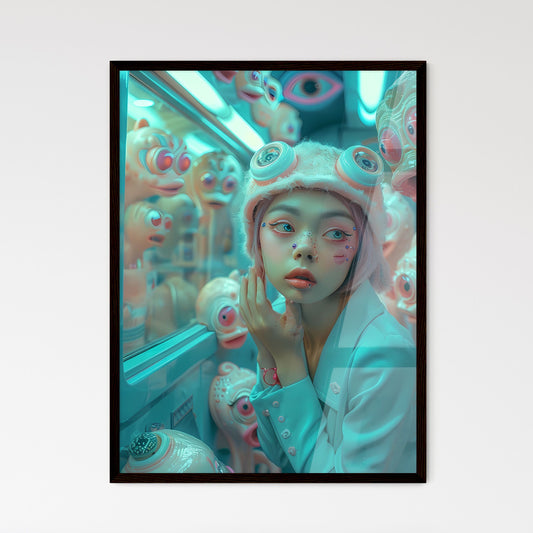Pastel-Toned Retrofuturistic Woman Entering Doorway in Wes Anderson-Inspired Skyscraper, Surrounded by Curious Creatures on Film, Hyper Realistic Default Title