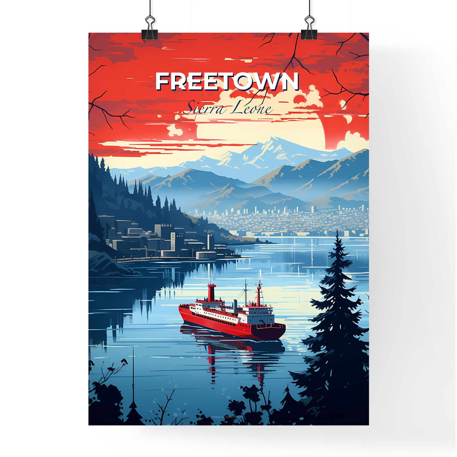 Vibrant Painting of Freetown Sierra Leone Skyline with Ship and Mountains Default Title